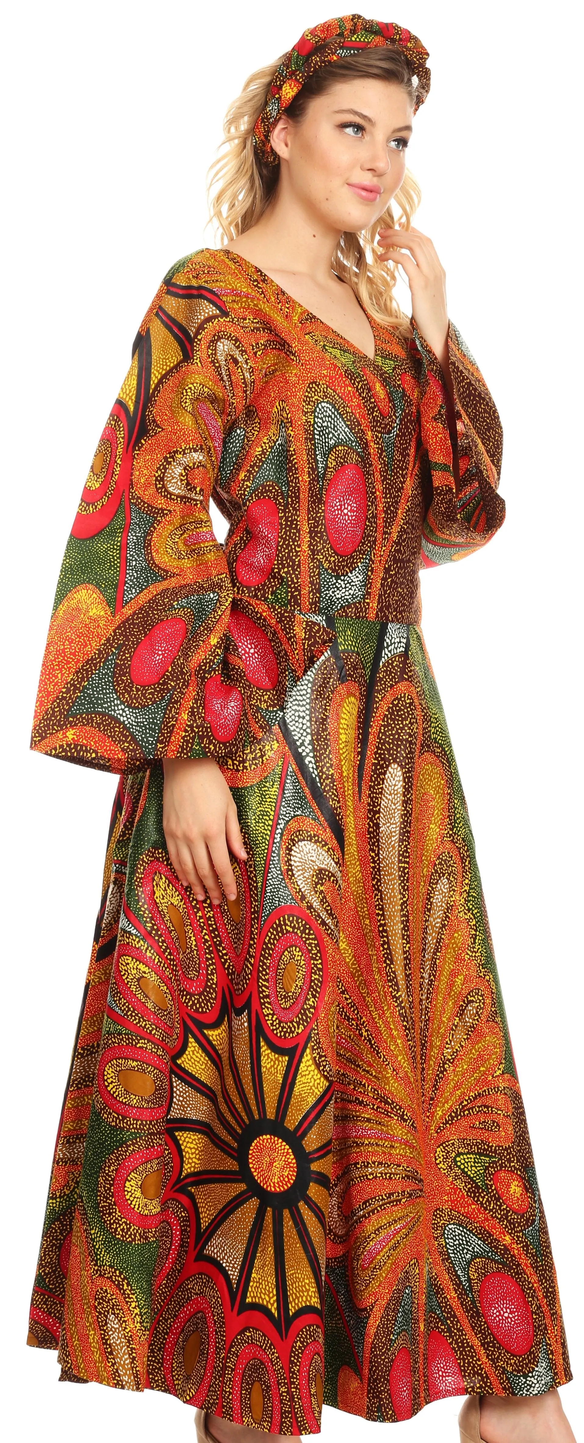 Sakkas Tale Women's Maxi Long Sleeve Wrap Dress with Pockets African Ankara Print