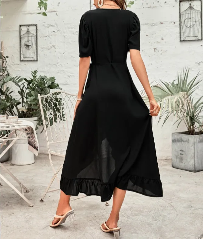 Santos Ruffle Wrap Midi Dress - Black