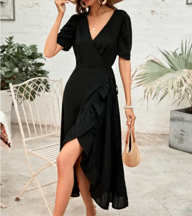 Santos Ruffle Wrap Midi Dress - Black