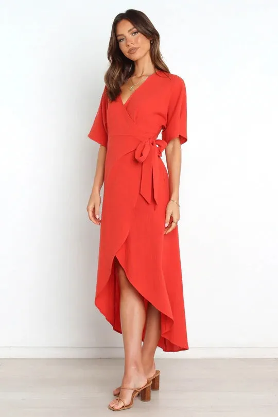 Santos Ruffle Wrap Midi Dress - Rust