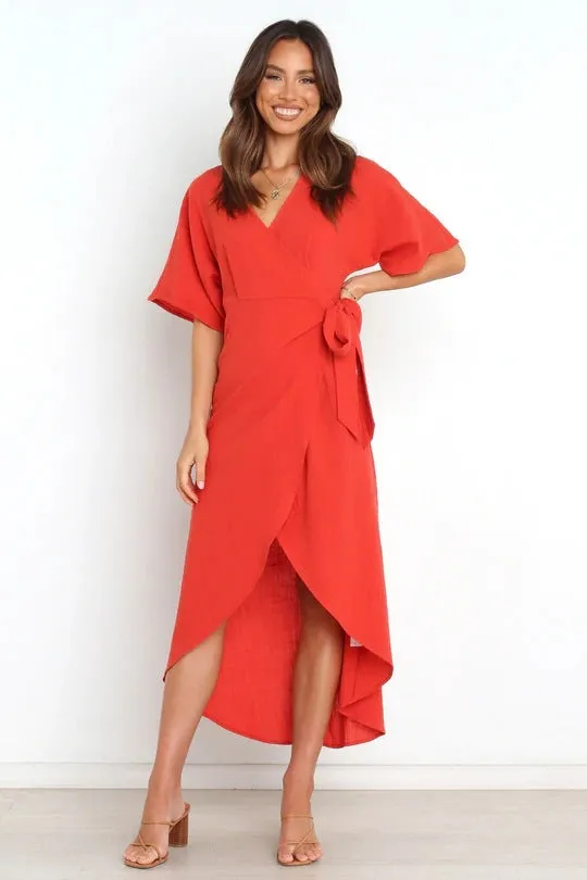 Santos Ruffle Wrap Midi Dress - Rust