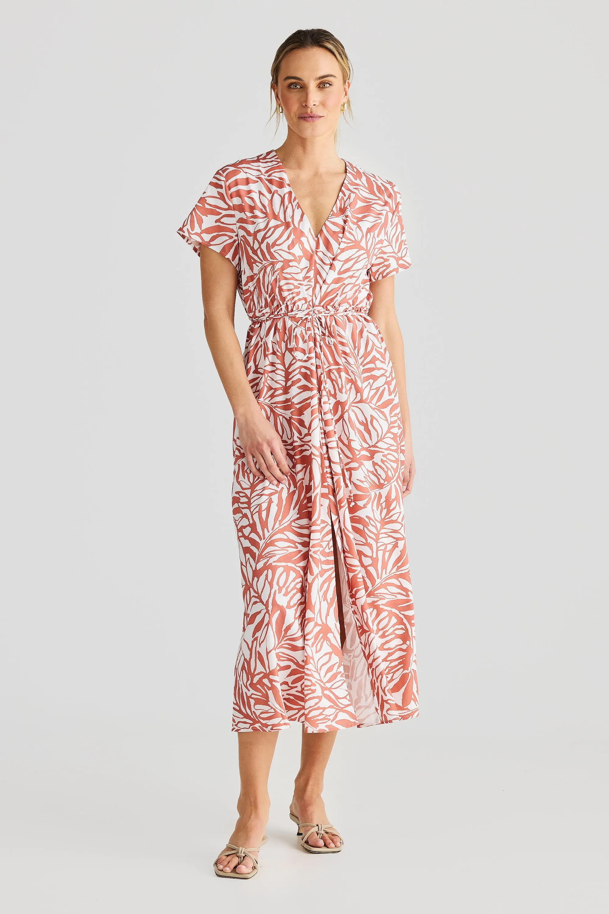 Short Sleeve Wrap Midi Dress - Terracotta Stencil