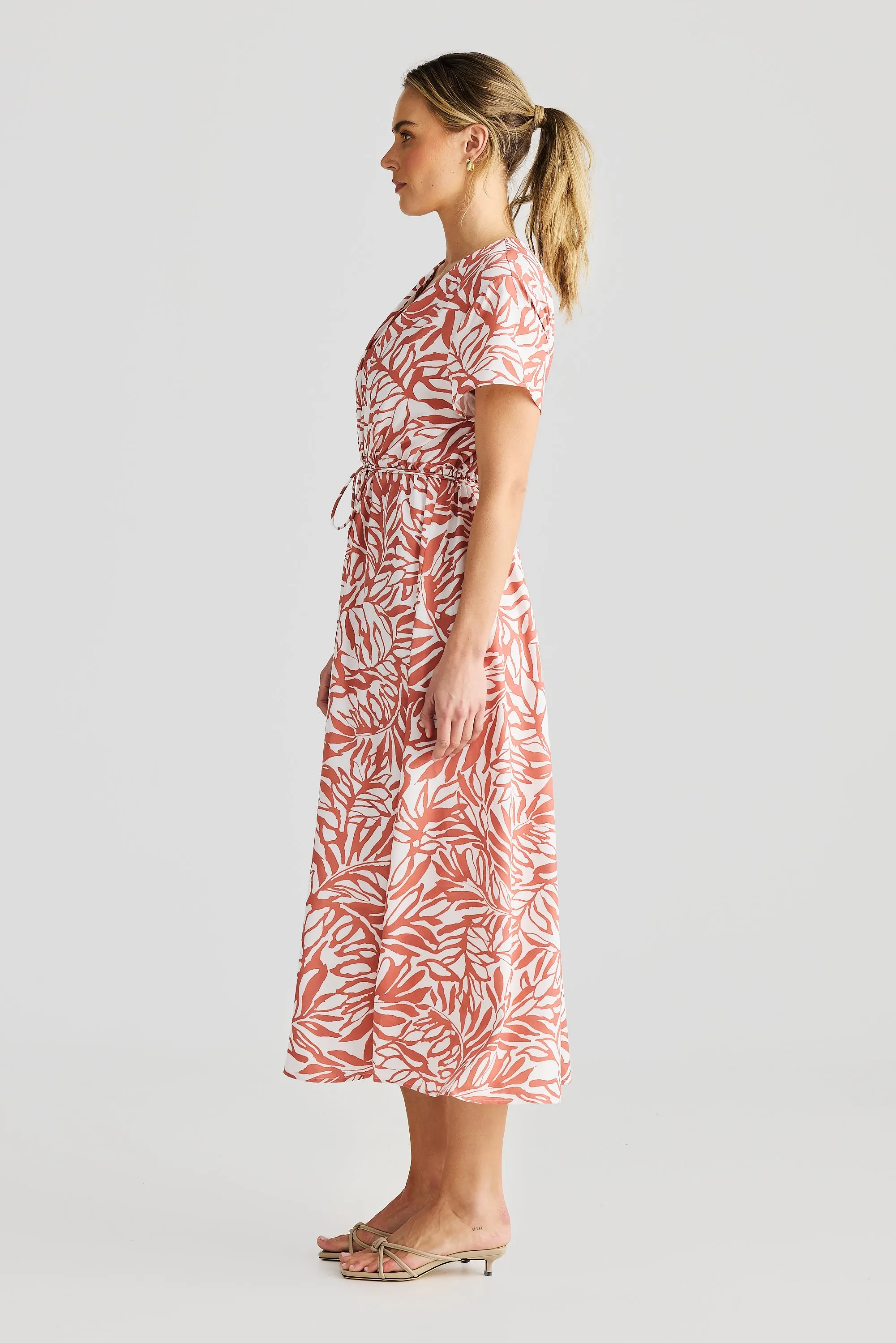 Short Sleeve Wrap Midi Dress - Terracotta Stencil