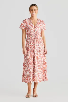 Short Sleeve Wrap Midi Dress - Terracotta Stencil