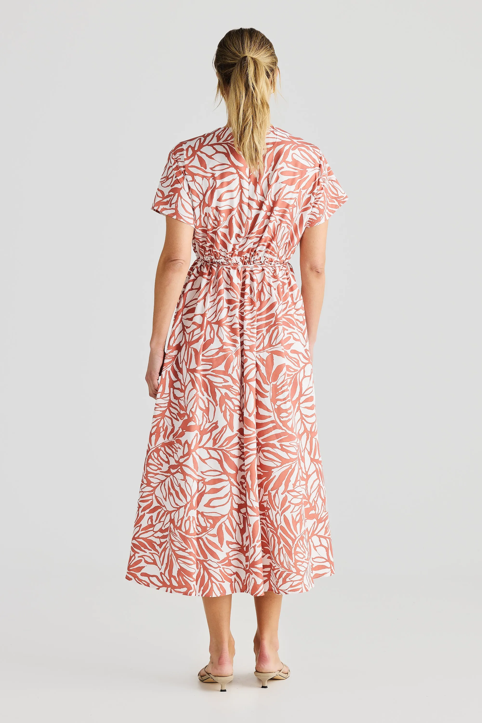 Short Sleeve Wrap Midi Dress - Terracotta Stencil