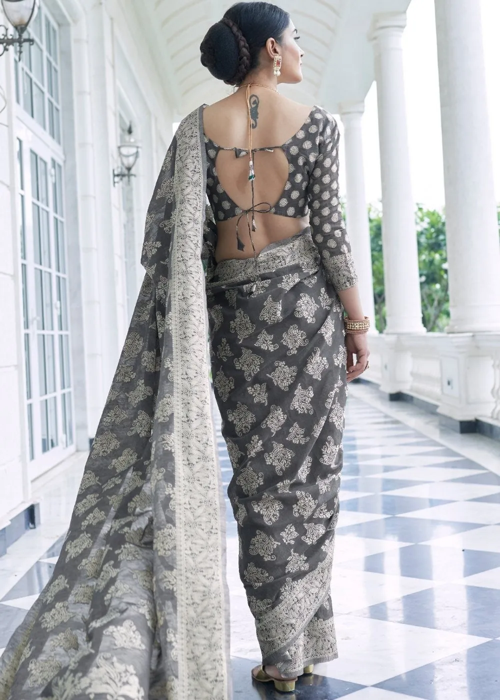 Silver Grey Lucknowi Chikankari Weaving Silk Saree