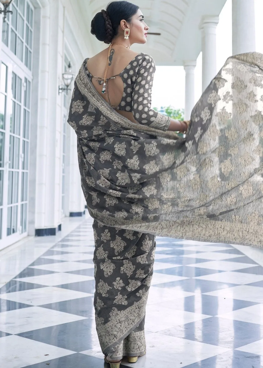 Silver Grey Lucknowi Chikankari Weaving Silk Saree