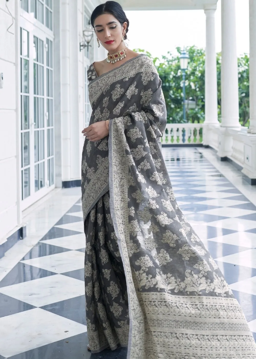 Silver Grey Lucknowi Chikankari Weaving Silk Saree