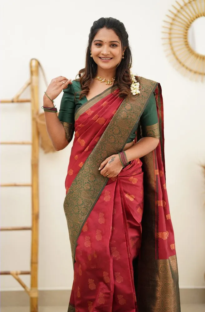 Smashing Maroon Soft Banarasi Silk Saree With Snappy Blouse Piece