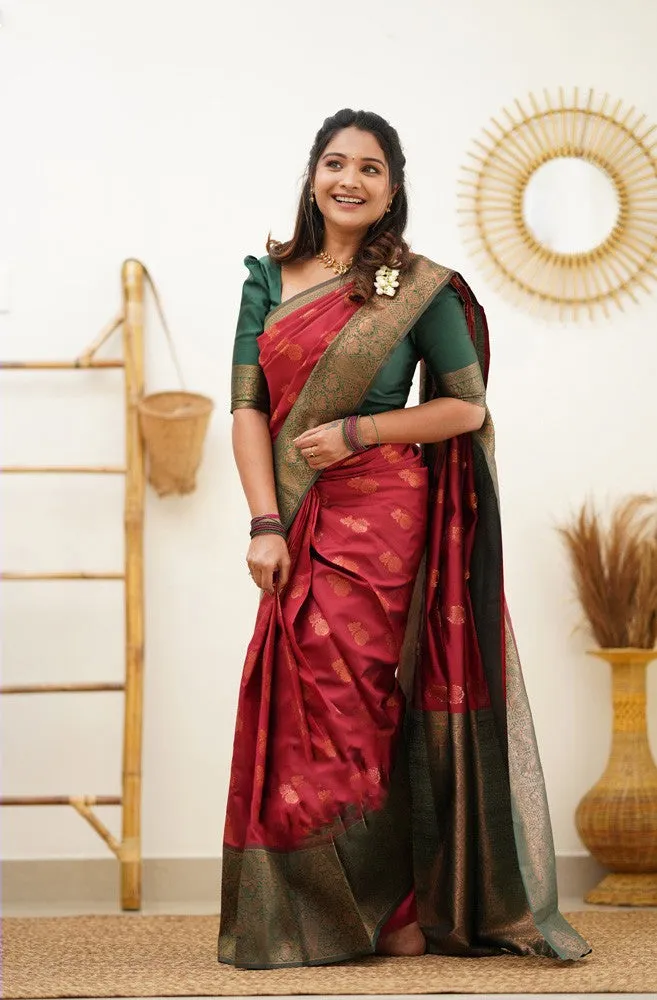 Smashing Maroon Soft Banarasi Silk Saree With Snappy Blouse Piece