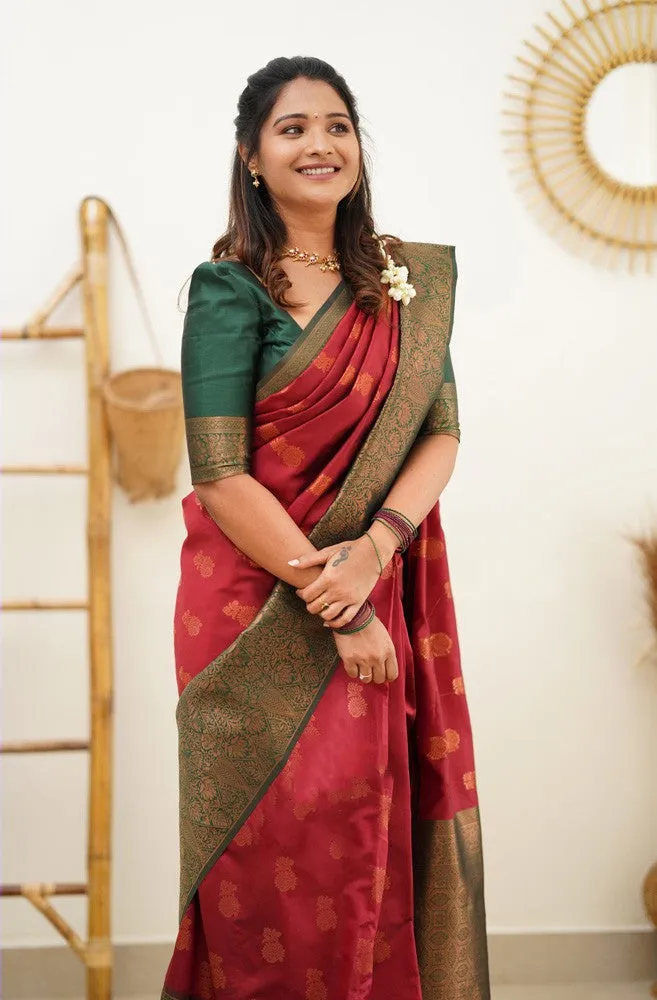 Smashing Maroon Soft Banarasi Silk Saree With Snappy Blouse Piece