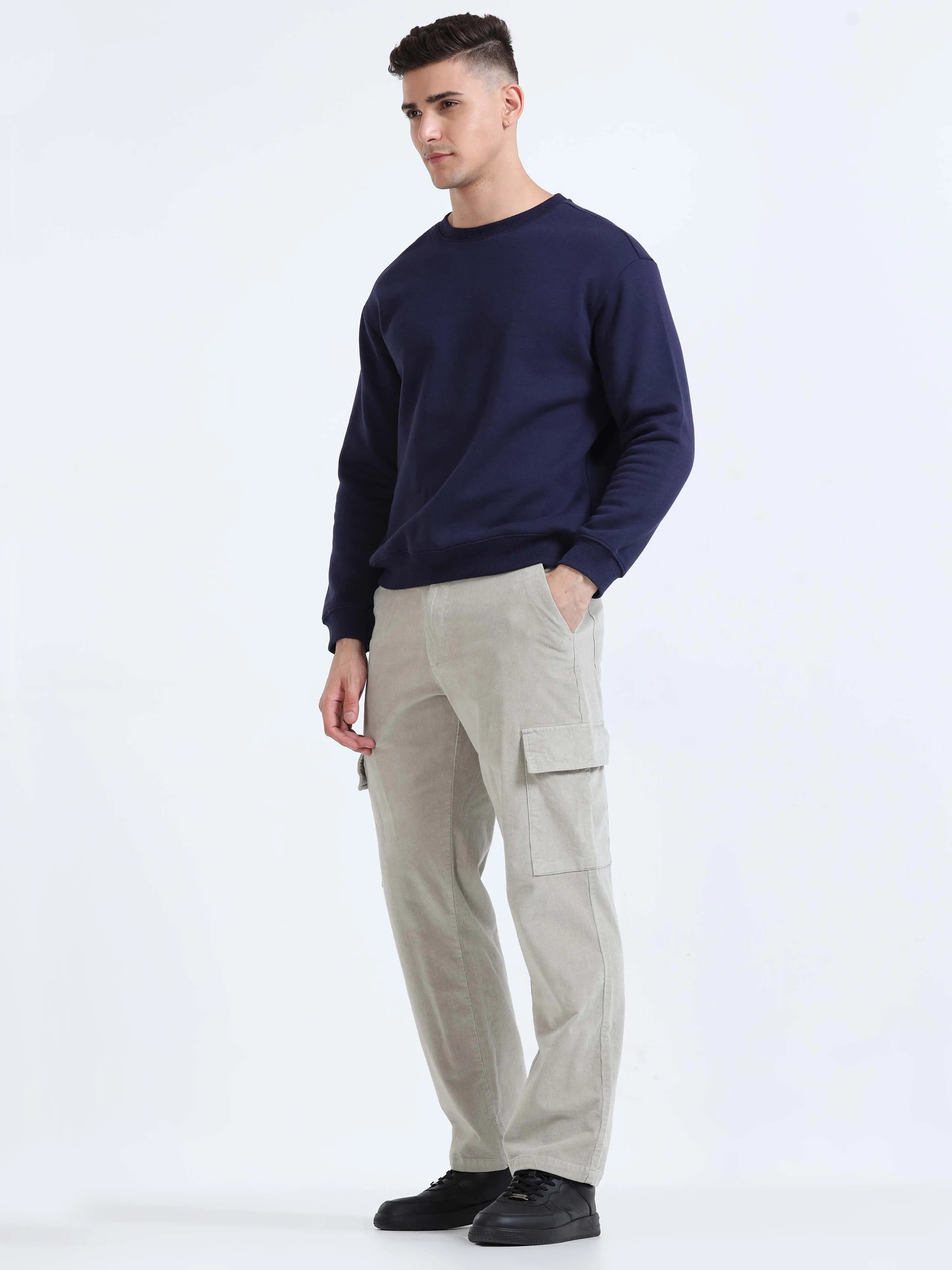 Soft Corduroy Light Grey Relaxed Cargo Pant