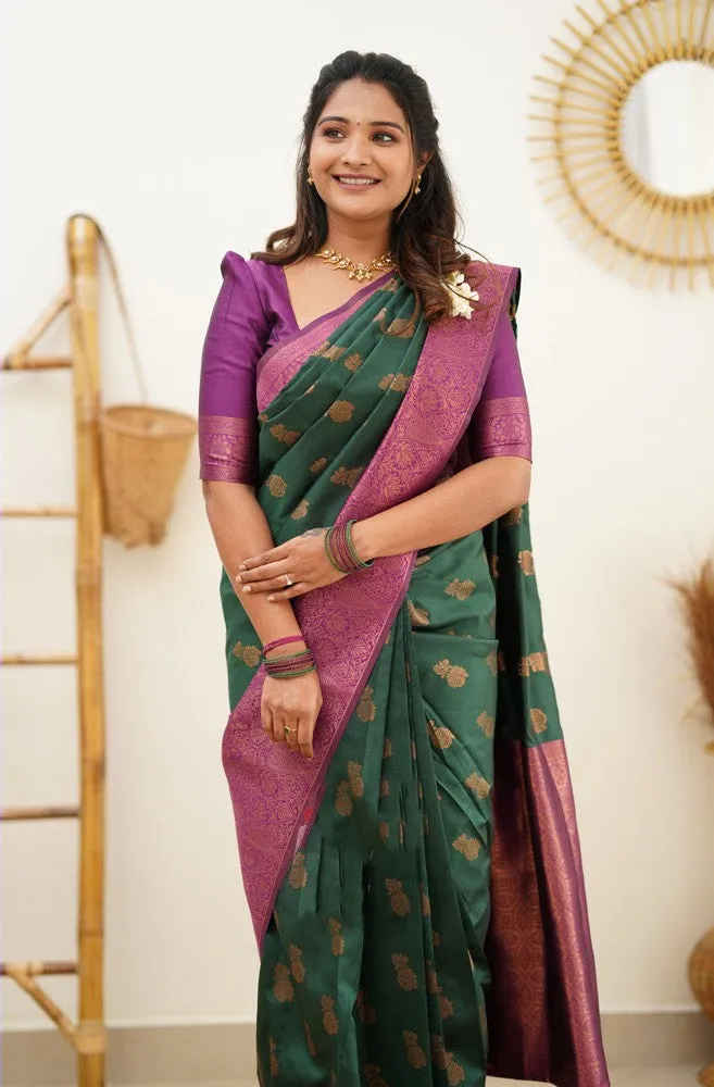 Supernal Green Soft Banarasi Silk Saree With Imaginative Blouse Piece