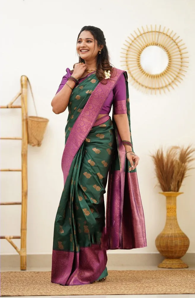 Supernal Green Soft Banarasi Silk Saree With Imaginative Blouse Piece