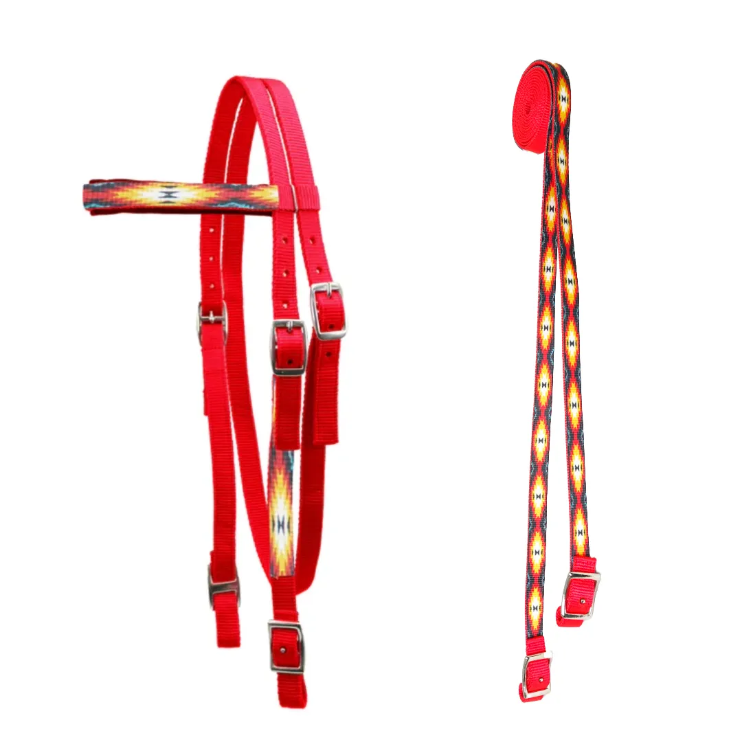 Tahoe Tack Patterned Double Layer Nylon Western Browband Headstalls with Matching Reins for Horses Available in 6 Colors