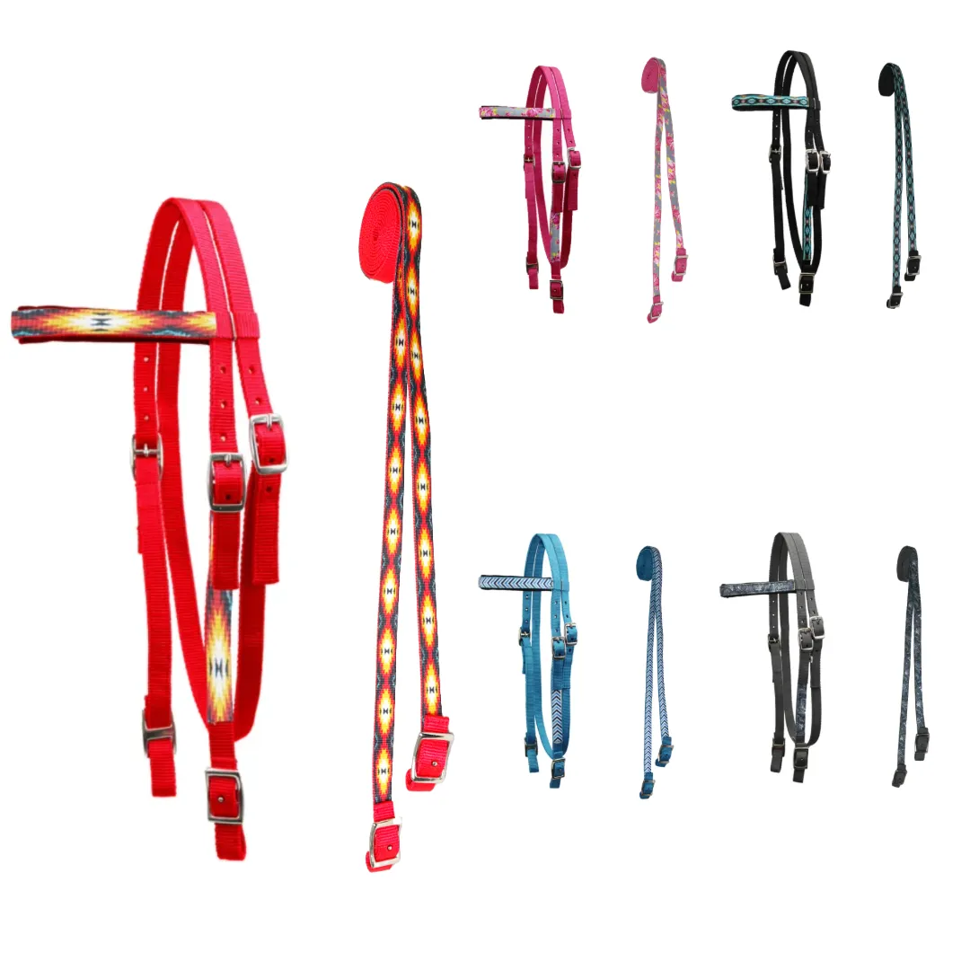 Tahoe Tack Patterned Double Layer Nylon Western Browband Headstalls with Matching Reins for Horses Available in 6 Colors