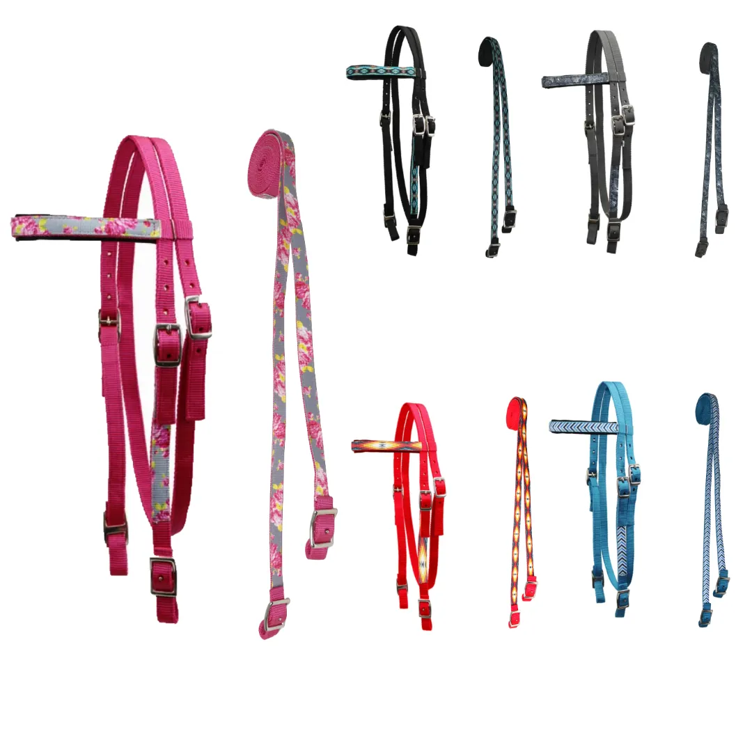 Tahoe Tack Patterned Double Layer Nylon Western Browband Headstalls with Matching Reins for Horses Available in 6 Colors