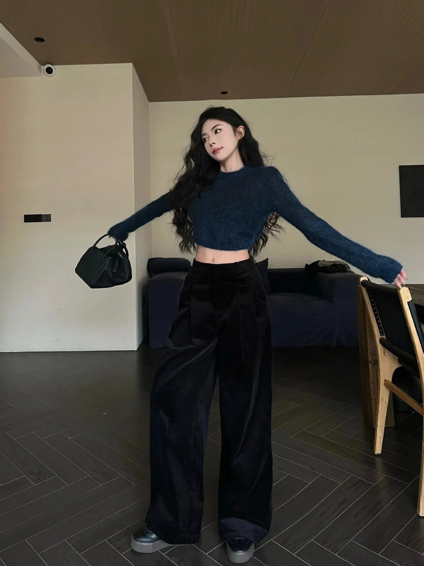 TAVIMART  -  2024 Spring Autumn New Women Maillard Retro Casual Pants Pleated High Waisted Street Chic baggey Corduroy Wide Leg Long Trousers