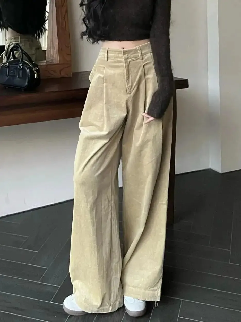 TAVIMART  -  2024 Spring Autumn New Women Maillard Retro Casual Pants Pleated High Waisted Street Chic baggey Corduroy Wide Leg Long Trousers