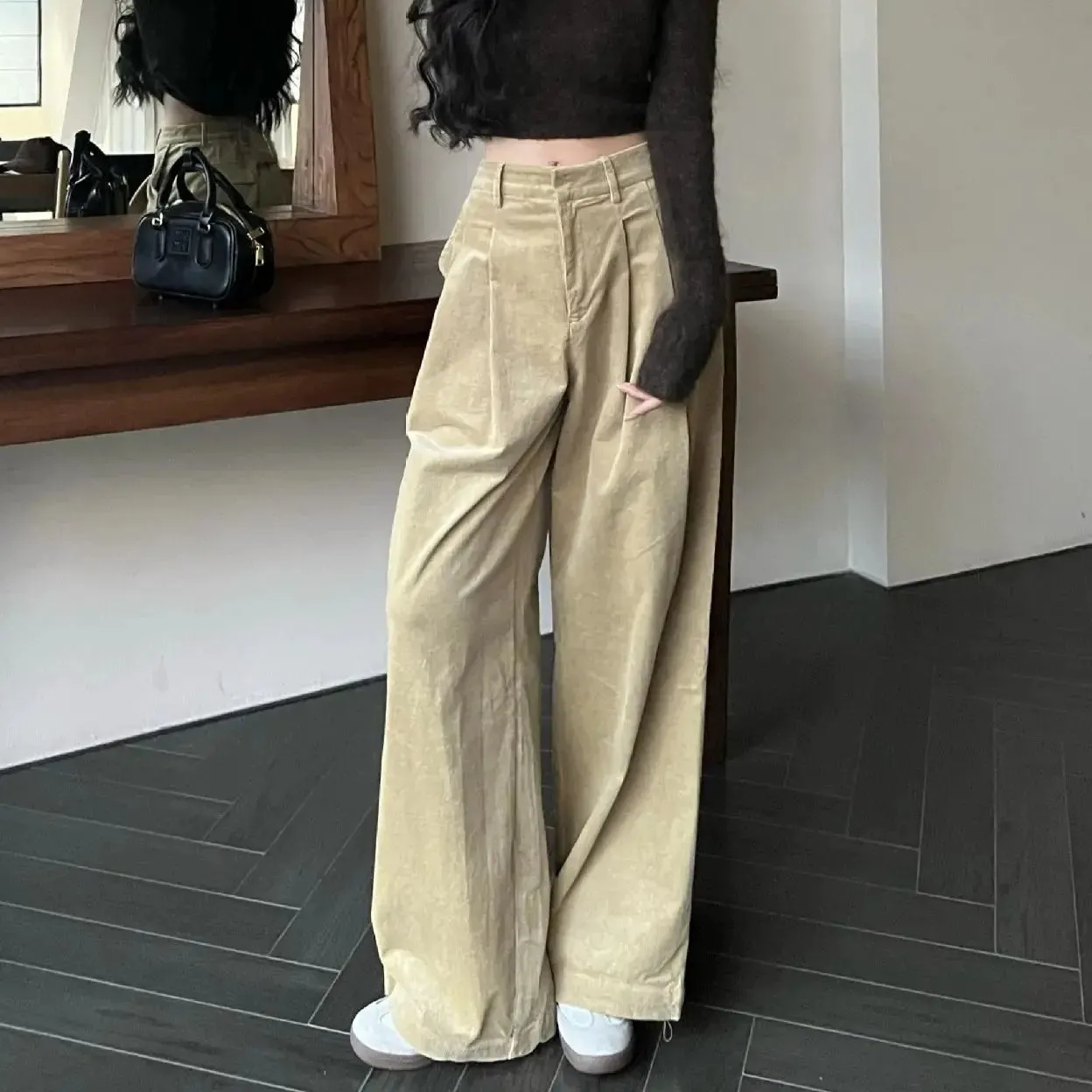 TAVIMART  -  2024 Spring Autumn New Women Maillard Retro Casual Pants Pleated High Waisted Street Chic baggey Corduroy Wide Leg Long Trousers