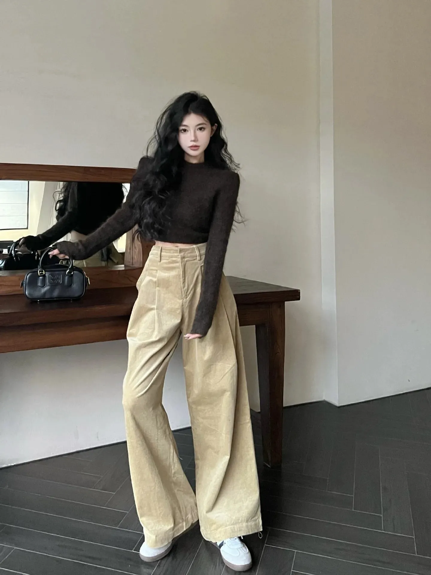 TAVIMART  -  2024 Spring Autumn New Women Maillard Retro Casual Pants Pleated High Waisted Street Chic baggey Corduroy Wide Leg Long Trousers