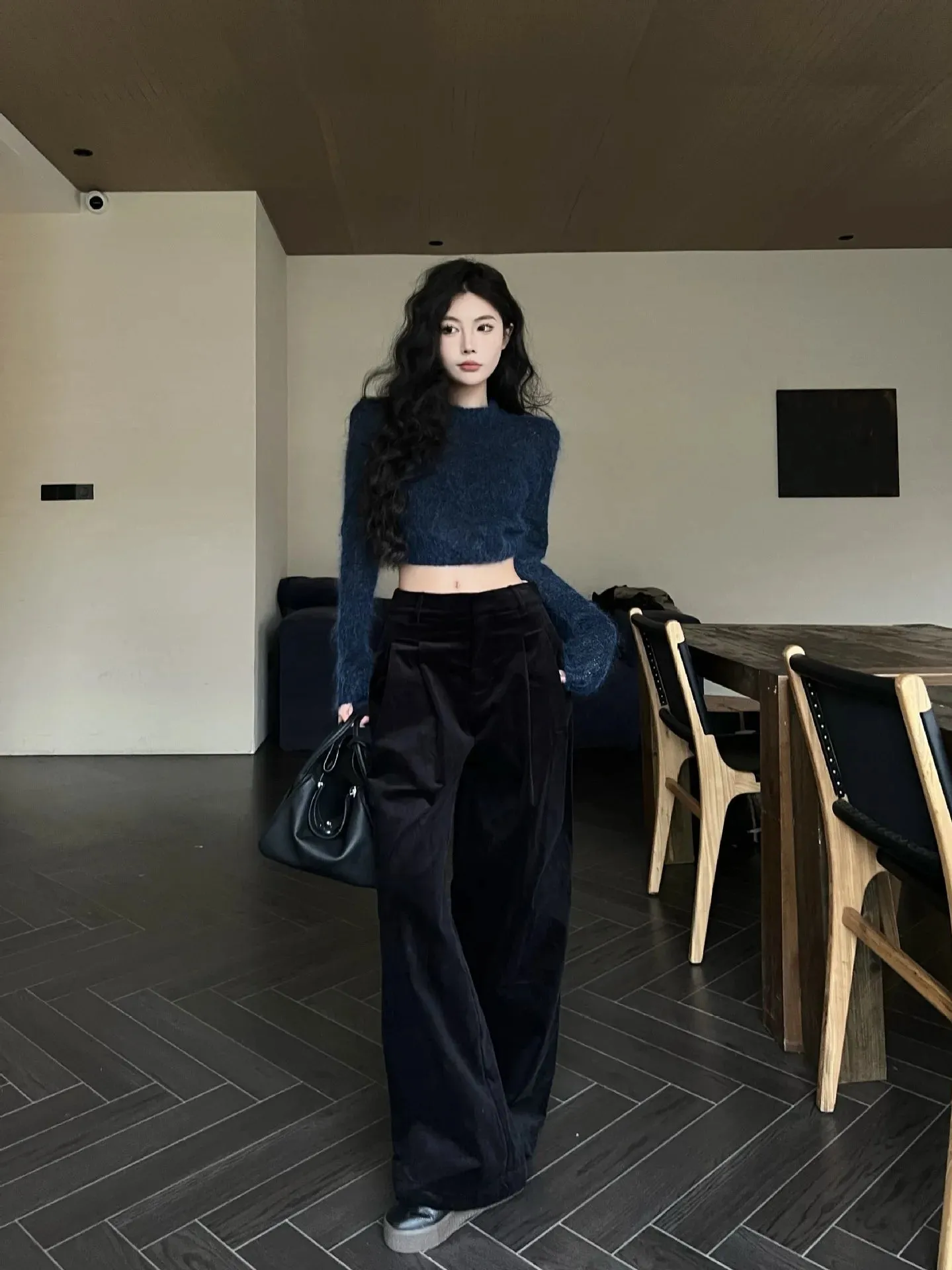 TAVIMART  -  2024 Spring Autumn New Women Maillard Retro Casual Pants Pleated High Waisted Street Chic baggey Corduroy Wide Leg Long Trousers