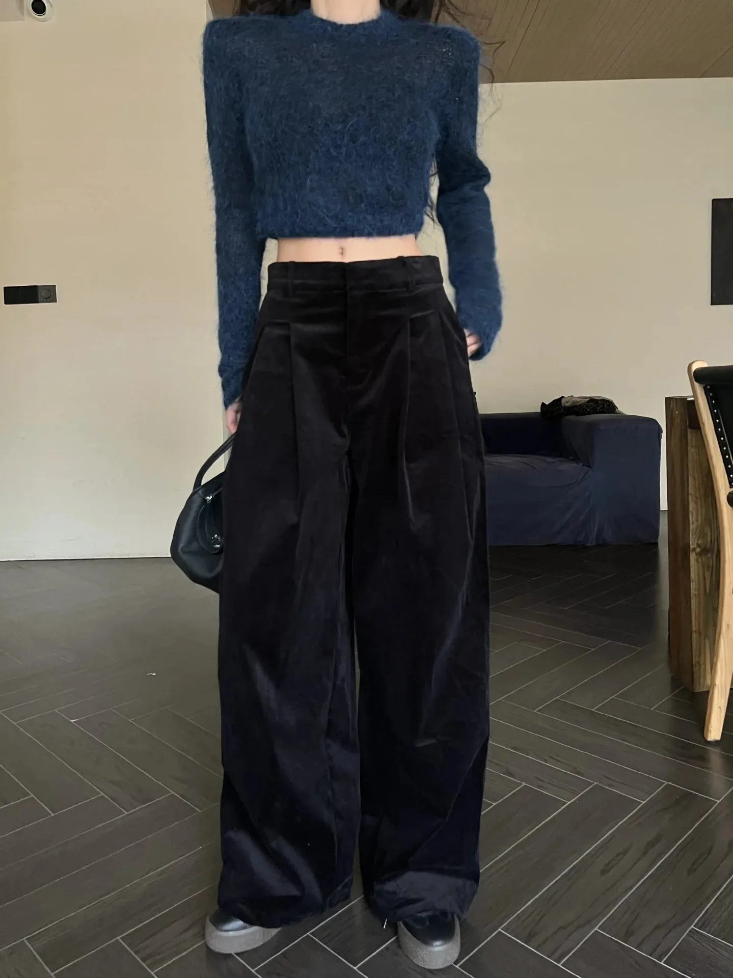 TAVIMART  -  2024 Spring Autumn New Women Maillard Retro Casual Pants Pleated High Waisted Street Chic baggey Corduroy Wide Leg Long Trousers