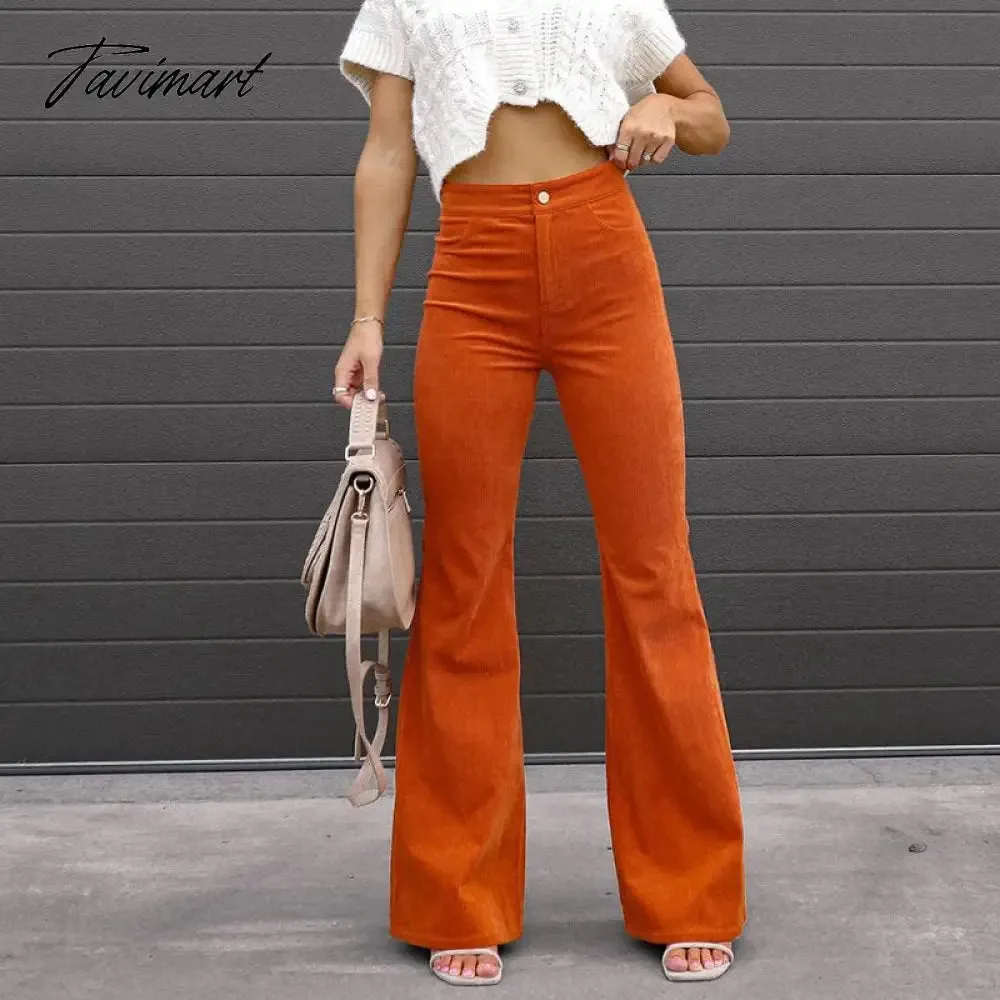 Tavimart Fashion Office Ladies Commute High Waist Long Pants Sexy Corduroy Casual Trousers Mujer Spring Autumn New Women Slim Flare Pants