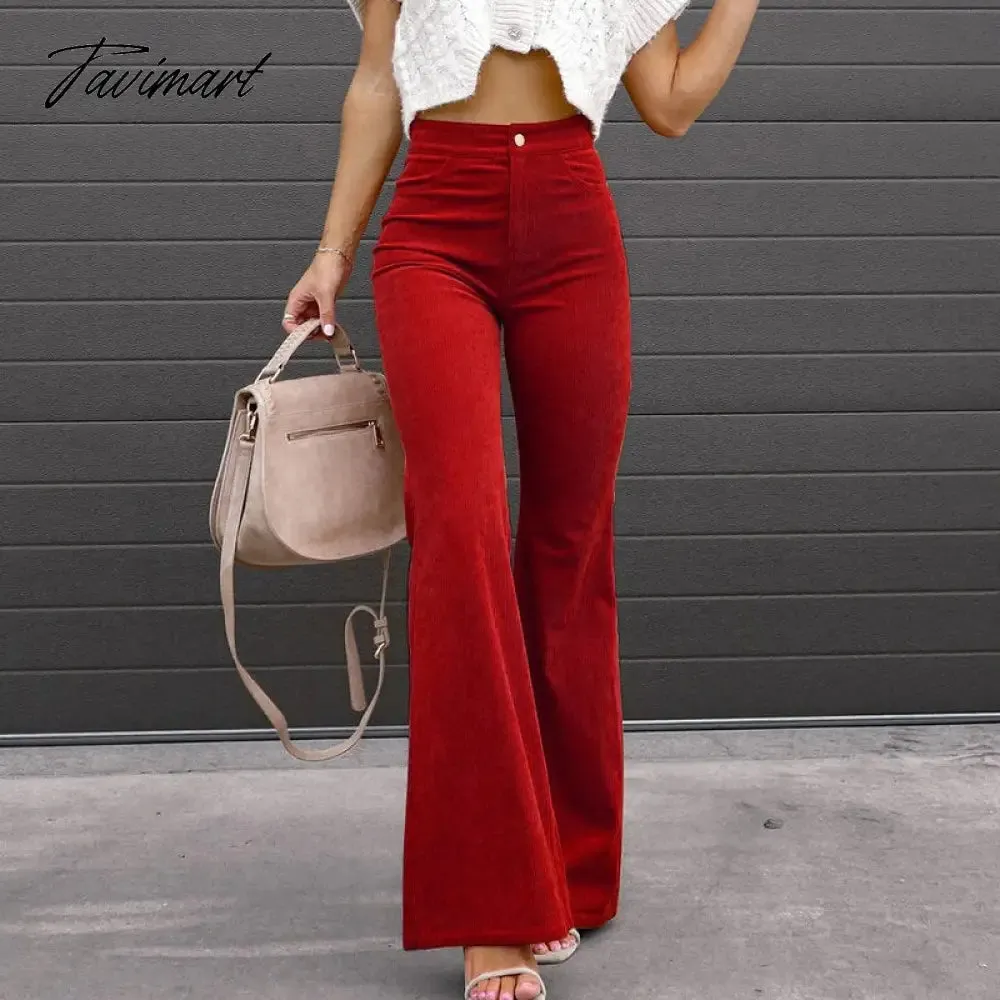 Tavimart Fashion Office Ladies Commute High Waist Long Pants Sexy Corduroy Casual Trousers Mujer Spring Autumn New Women Slim Flare Pants