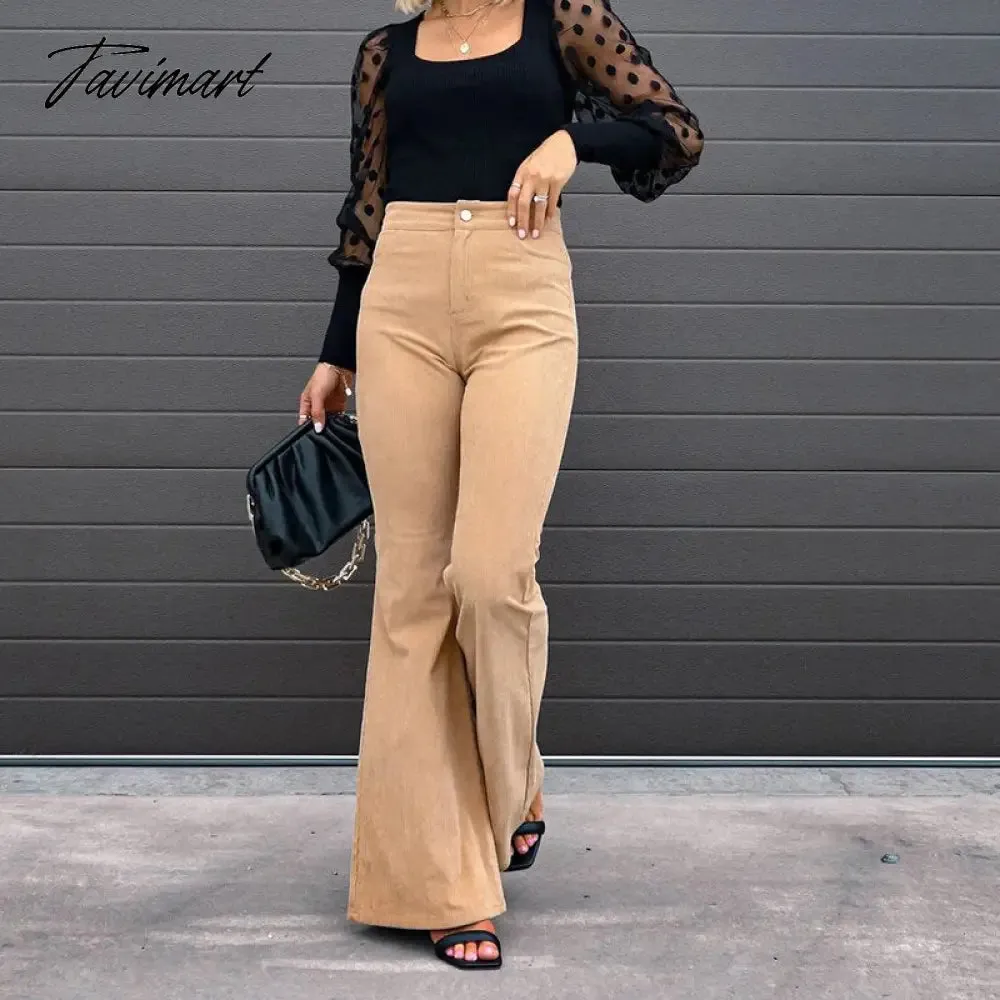 Tavimart Fashion Office Ladies Commute High Waist Long Pants Sexy Corduroy Casual Trousers Mujer Spring Autumn New Women Slim Flare Pants