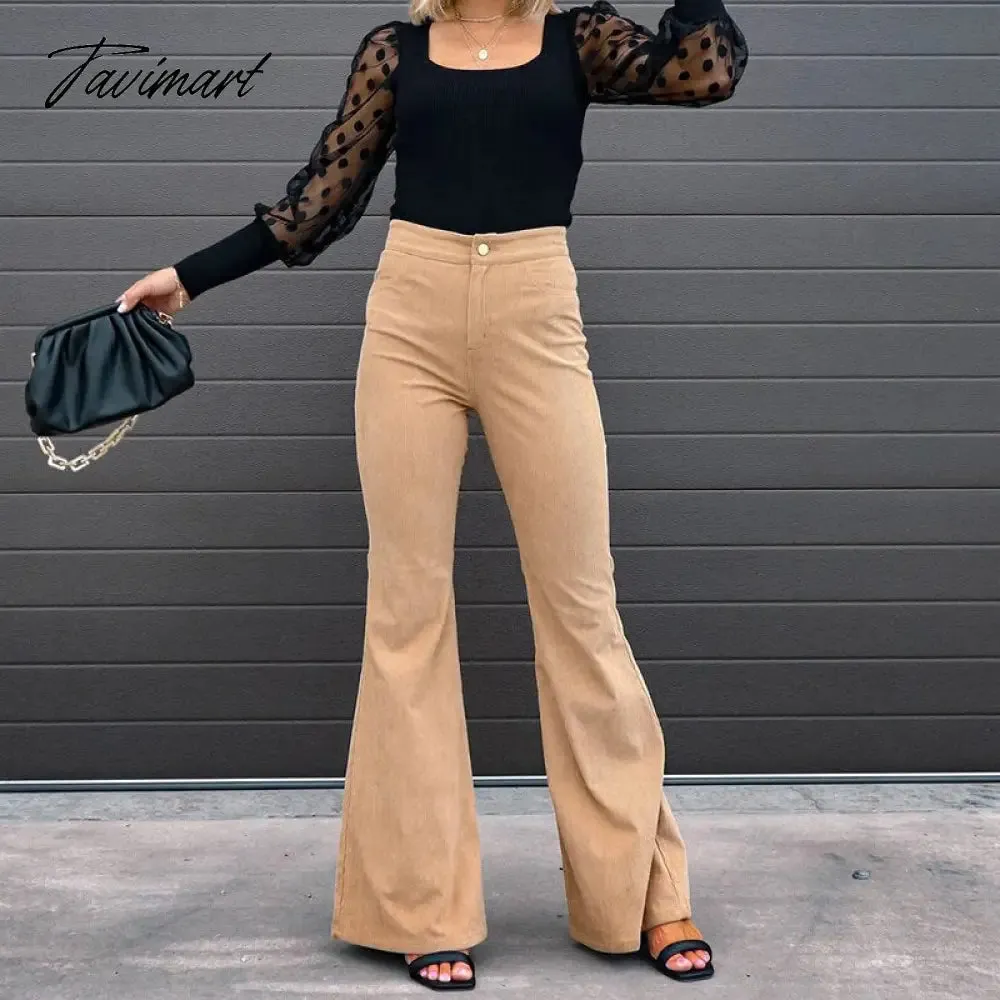 Tavimart Fashion Office Ladies Commute High Waist Long Pants Sexy Corduroy Casual Trousers Mujer Spring Autumn New Women Slim Flare Pants