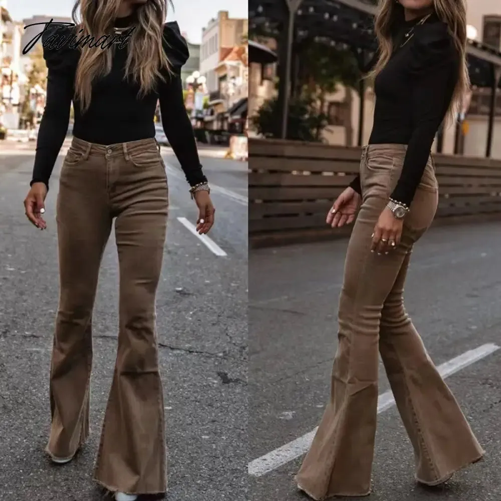 Tavimart Fashion Office Ladies Commute High Waist Long Pants Sexy Corduroy Casual Trousers Mujer Spring Autumn New Women Slim Flare Pants