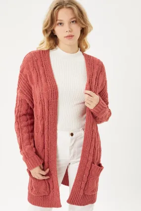 Terra Cotta Chenille Cable Knit Oversized Open Front Cardigan