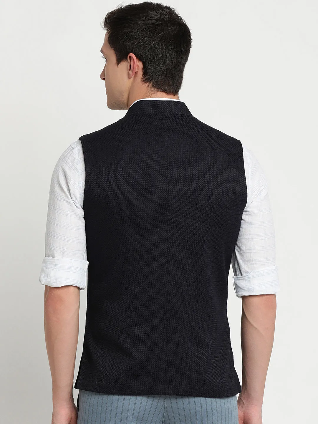 Turtle Men Black Self Design Nehru Jacket