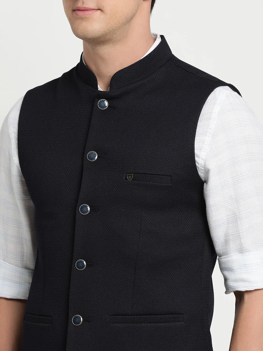 Turtle Men Black Self Design Nehru Jacket