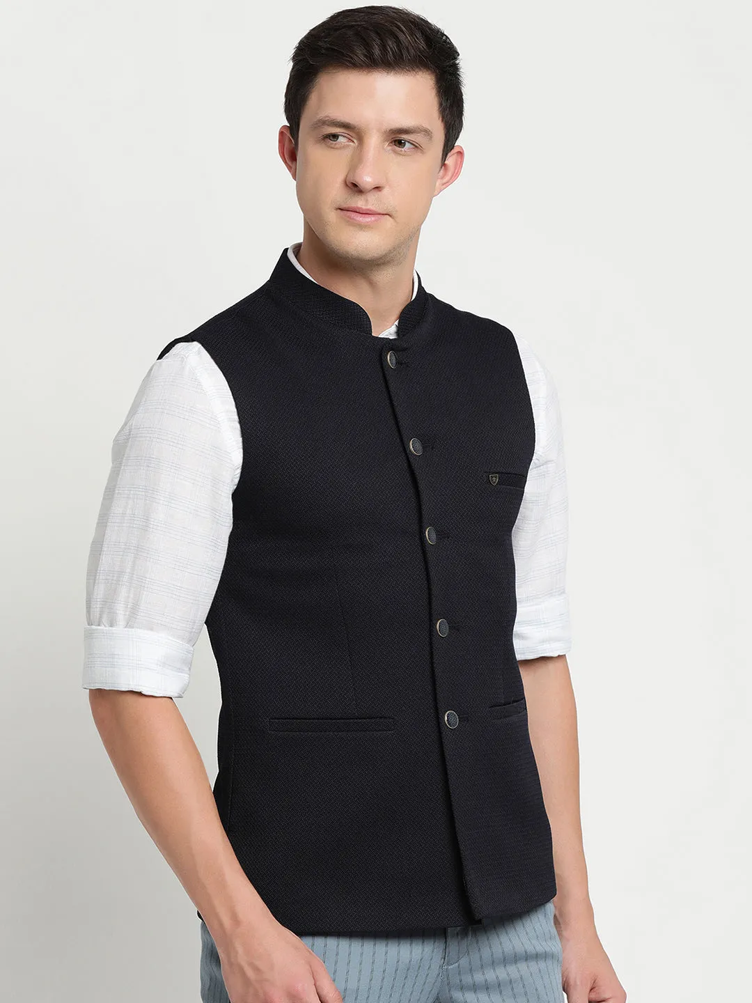 Turtle Men Black Self Design Nehru Jacket