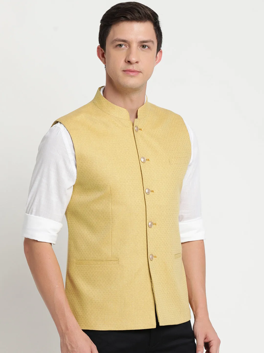 Turtle Men Gold Yellow Self Design Nehru Jacket