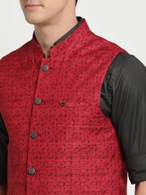 Turtle Men Maroon Self Design Nehru Jacket