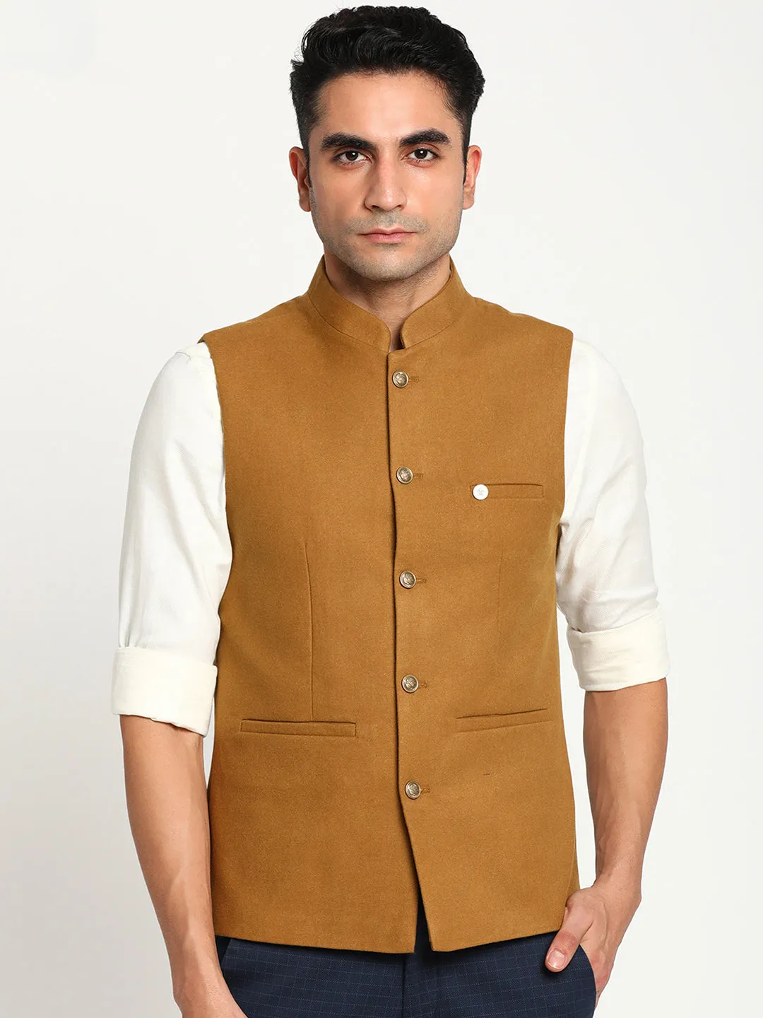 Turtle Men Mustard Solid Nehru Jacket