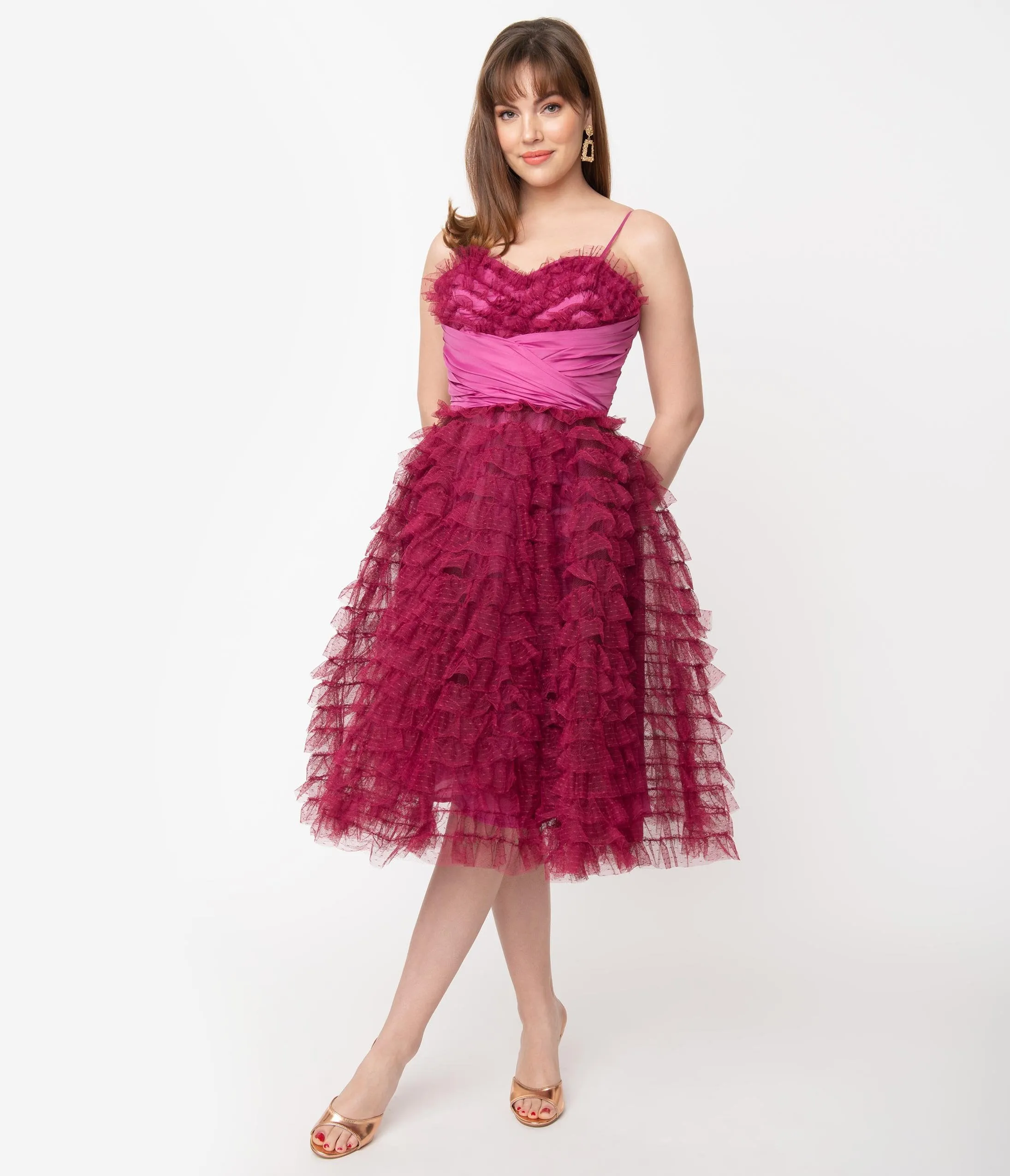 Unique Vintage 1950s Berry Ruffled Tulle Sweetheart Cupcake Swing Dress