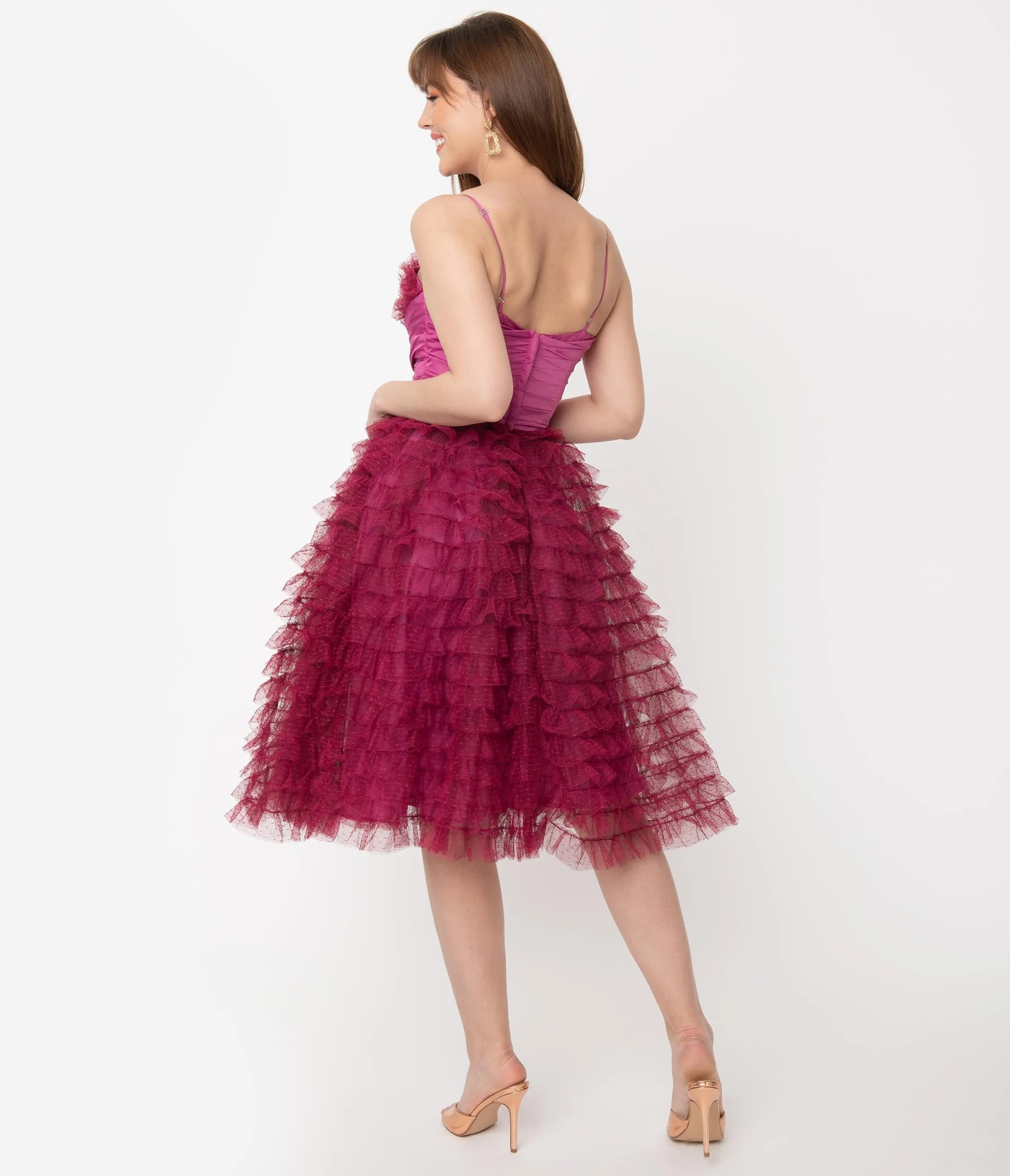 Unique Vintage 1950s Berry Ruffled Tulle Sweetheart Cupcake Swing Dress