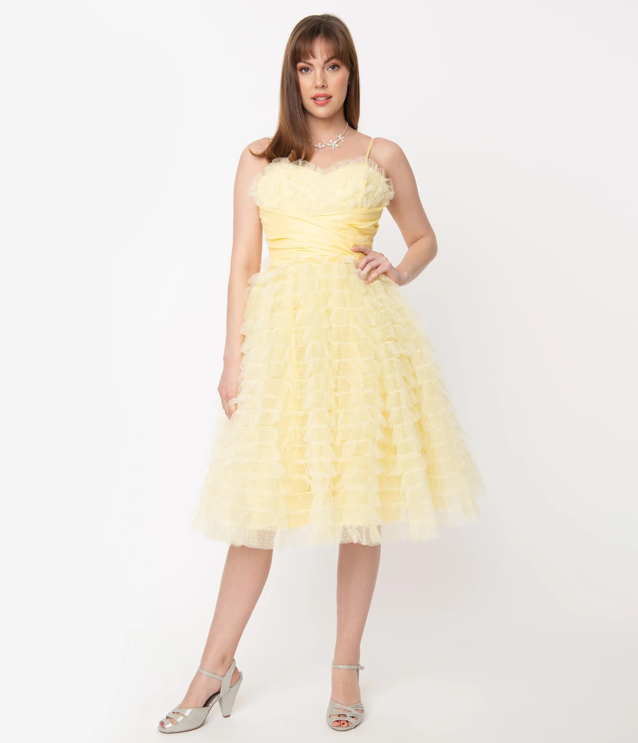 Unique Vintage 1950s Yellow Ruffled Tulle Cupcake Swing Dress