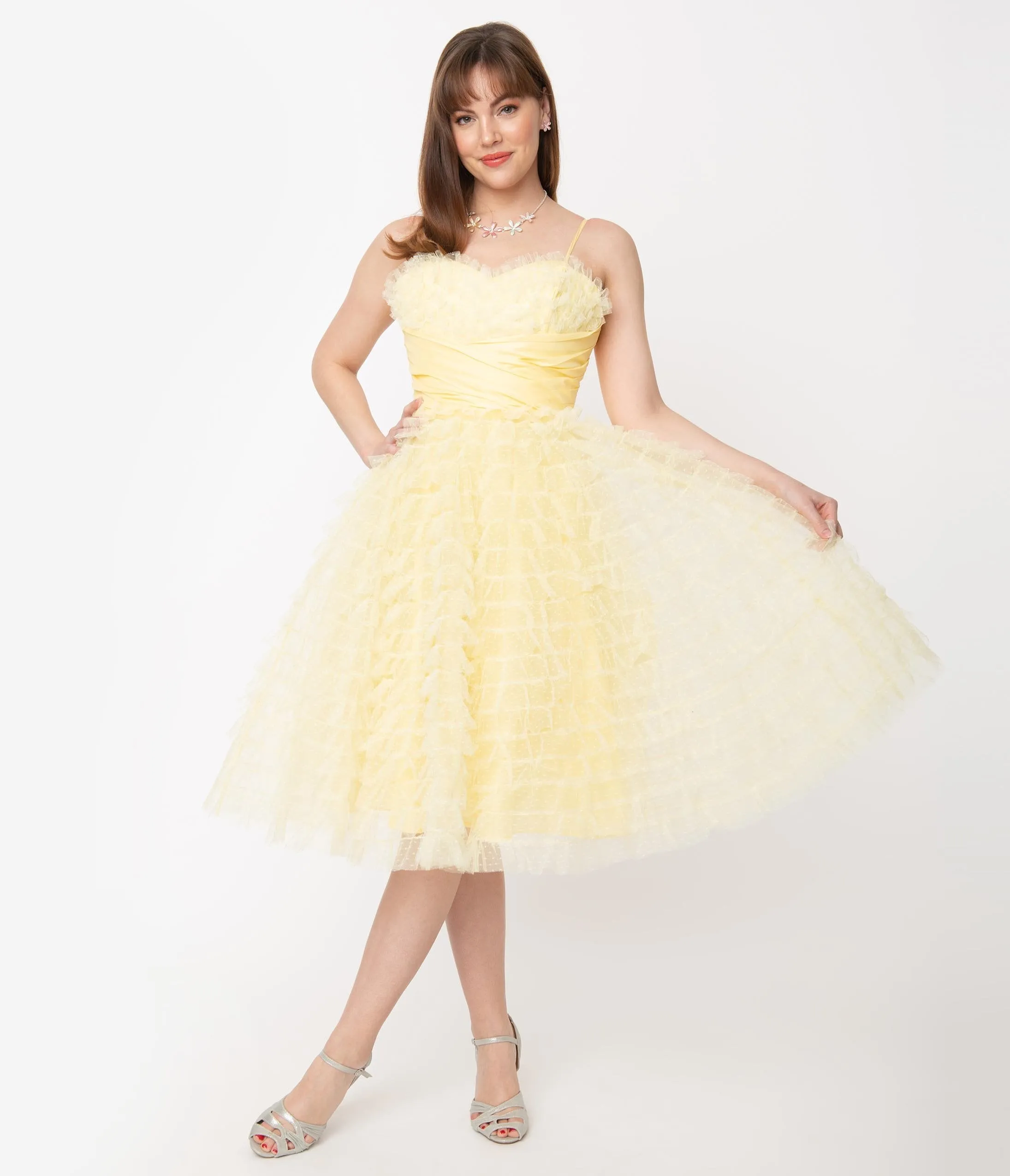 Unique Vintage 1950s Yellow Ruffled Tulle Cupcake Swing Dress