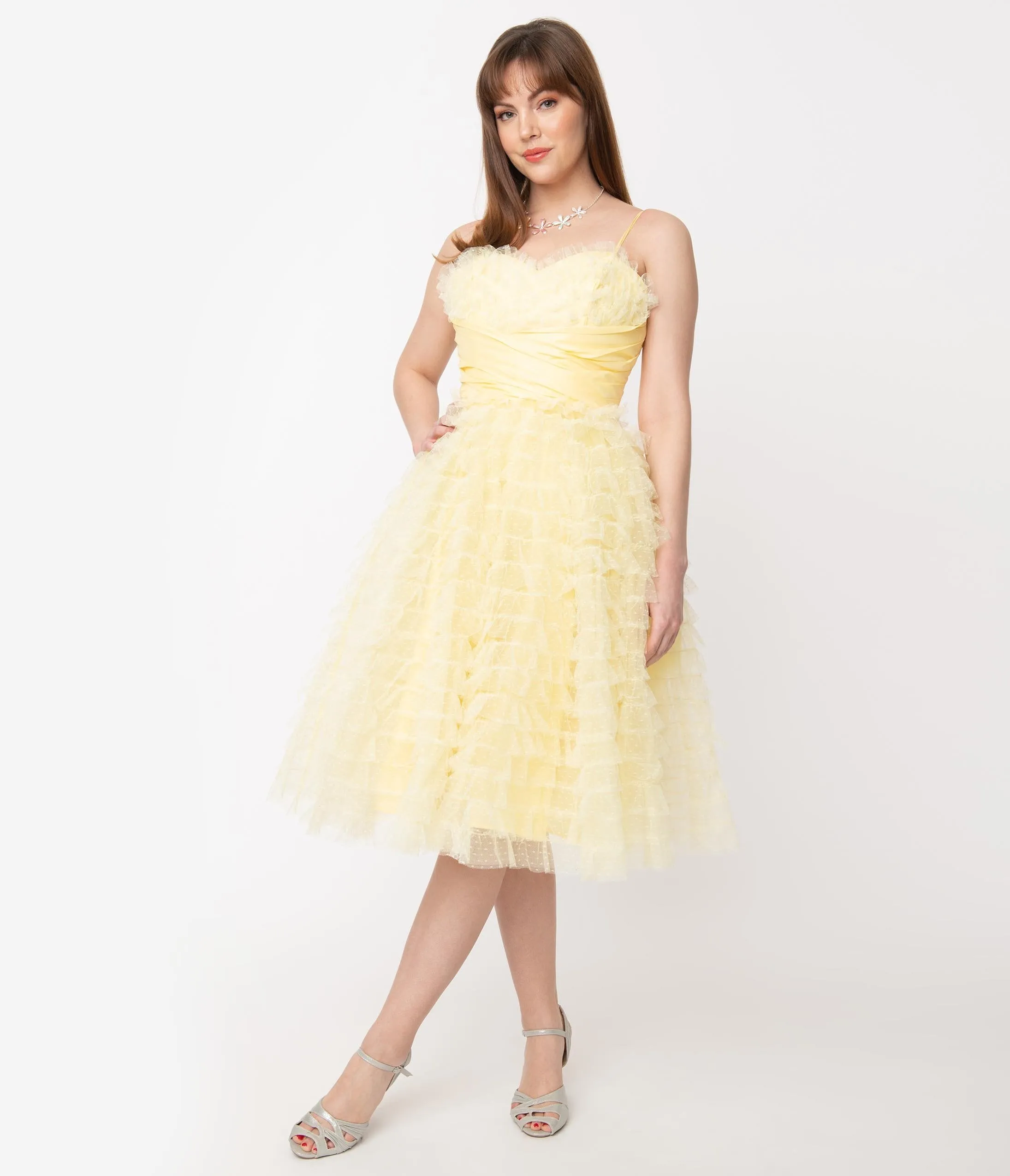 Unique Vintage 1950s Yellow Ruffled Tulle Cupcake Swing Dress