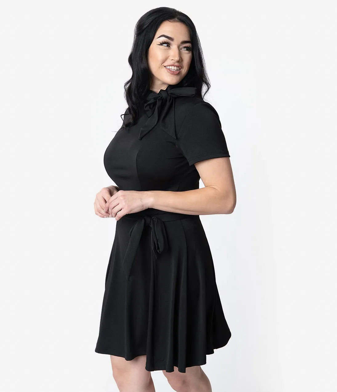 Unique Vintage 1960s Style Black Knit Waist Tie Bancroft Flare Dress