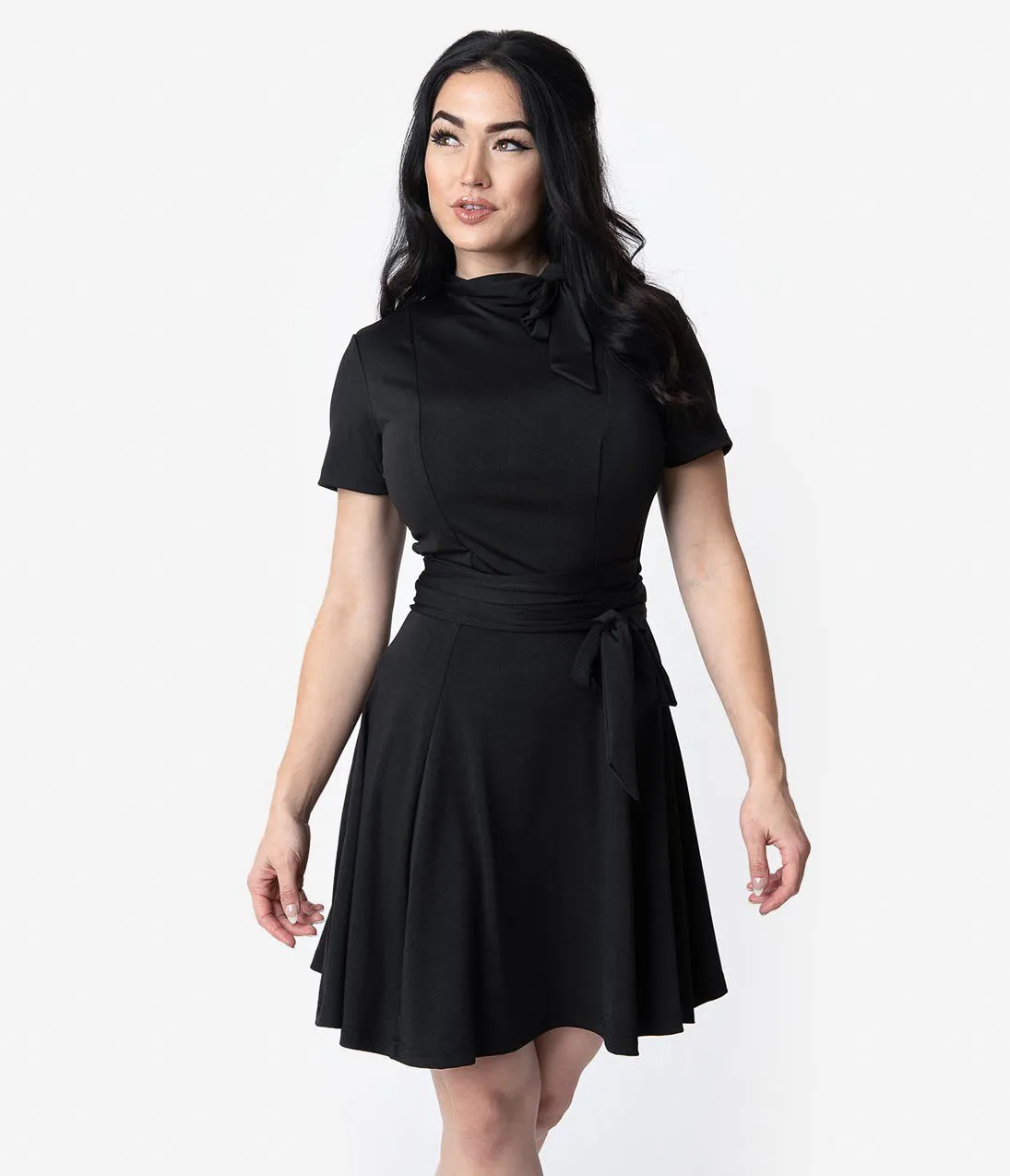 Unique Vintage 1960s Style Black Knit Waist Tie Bancroft Flare Dress