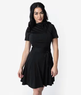 Unique Vintage 1960s Style Black Knit Waist Tie Bancroft Flare Dress