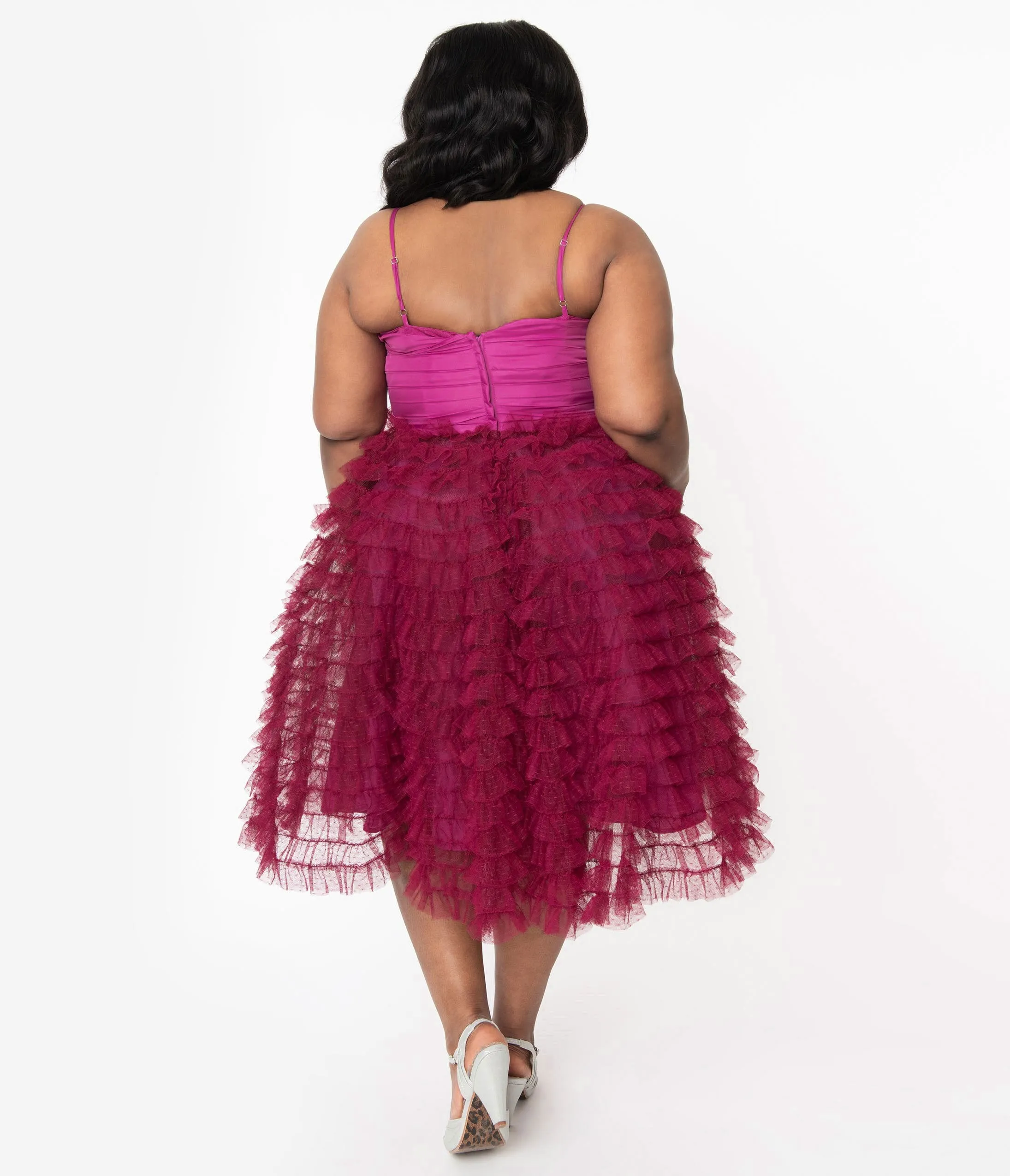 Unique Vintage Plus Size 1950s Berry Ruffled Cupcake Swing Dress