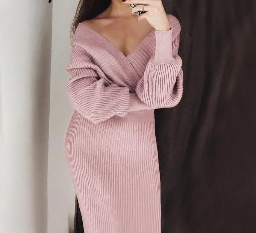 V-Neck Knitted Two-piece Batwing Sleeve Sweater Dress