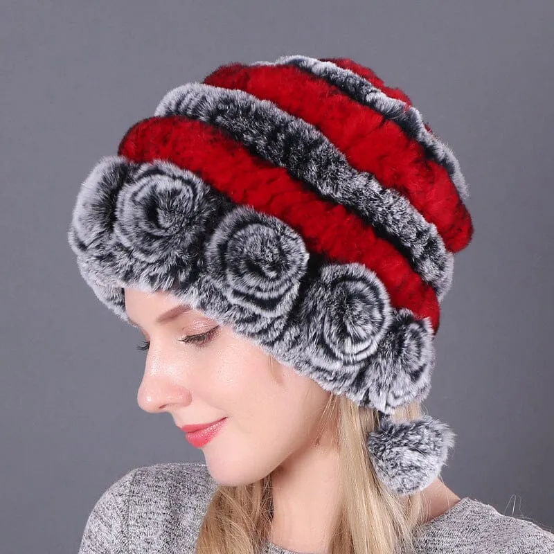 Warm Flowers Striped Real Rex Rabbit Fur Hats